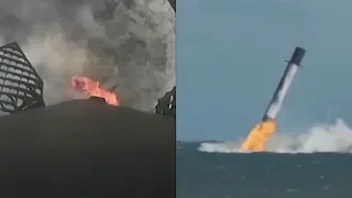 SpaceX Falcon 9 booster spins out of control, lands in water - side-by-side view!