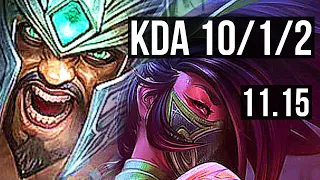 TRYNDAMERE vs AKALI (TOP) | 3.2M mastery, 9 solo kills, 10/1/2, Legendary | KR Diamond | v11.15