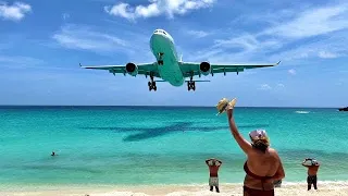 Very low pass ! Maho Beach, Sint Maarten SXM 🇸🇽 Plane Spotting / Princess Juliana Airport close up