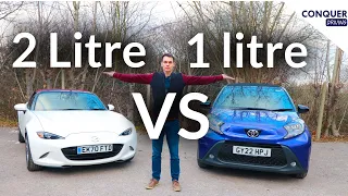 How much further will a 1 litre city car travel on the same amount of fuel as a 2 litre sports car?