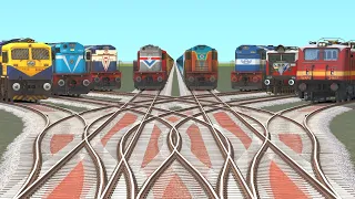 8 TRAINS CROSSING ON DANGEROUS BUMPY RAILROAD RAILWAY | BUMPY FORKED RAILROAD CROSSING