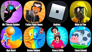 Mr TVman Spider Battle,Toilet Fight Open World,Roblox,Hide in The Backroom,Dye Hard,Camo Sniper