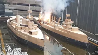 Cardboard Ship On Fire And Sinking: Battleship Justice versus cruiser Roxburgh