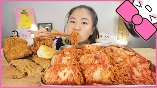KIMCHI WRAPPED NUCLEAR FIRE NOODLES + KENTUCKY FRIED CHICKEN | MUKBANG