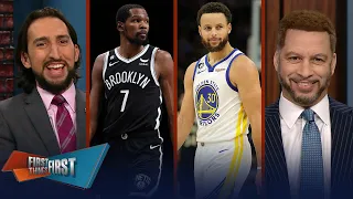 Kevin Durant leads Nets to big win vs. Warriors, Kyrie takes jab at Curry | NBA | FIRST THINGS FIRST