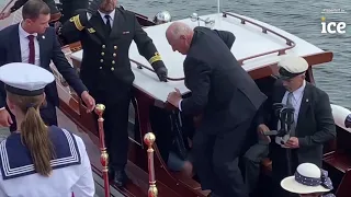 King Harald V of Norway arrives for official visit to Denmark, falls on the stairs