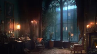 Gothic Lair Ambience | Soft Rain, Fireplace, Wind and Spooky Creaking | 4K | Dynamic Sound Mix
