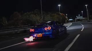 Nissan R34 GT-R Skyline Night Drive | Shoots Flames 4K
