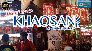 [4K 60fps] NIGHTLIFE AT KHAOSAN ROAD WALKING TOUR 2023 #walkingtour #bangkok  #thailand