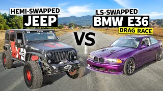 LS vs Hemi in a V8 Swap Battle! 6.4L Hemi Jeep Races our Knuckle Busters BMW M3 // THIS vs THAT