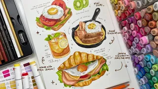 draw with me - food illustrations🥝🍳🥓🥐 using alcohol-based markers and colored pencils ₊˚✧