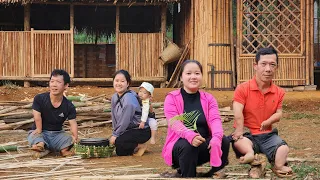 Disabled father makes bamboo rice cooker lining. girl gardening and growing vegetables.