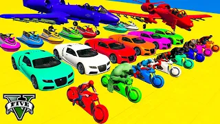 GTA V Spiderman Crazy Car Racing By Trevor! MEGA Ramp Jump Challenge with SUPERHEROS