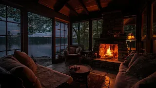 Heavy Rain & Warm Fireplace in a Cozy Cabin Porch - Rainstorm in the Forest for Sleeping and Relax