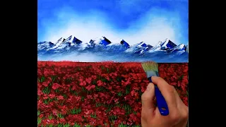 Painting Red Flower Field with a Mountain View | Oval Brush Painting Techniques