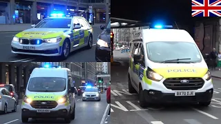 Metropolitan Police Area Car, Patrol Car & Cell Vans Responding In Convoy On Blue Lights & Sirens