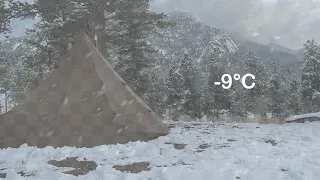 -9°C / 15°F | Best Winter Storm Camping in Hot Tent | Campfire Steak | Freezing Temps