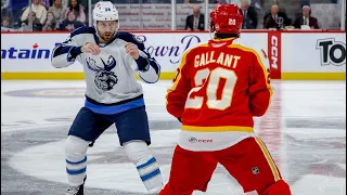 Jeffrey Viel (Manitoba Moose) and Alex Gallant (Calgary Wranglers) with the fight of the year