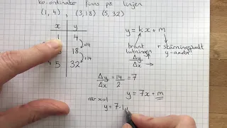 Hitta rätt uttryck från koordinater, tabell, räta linjens ekvation, y=kx+m