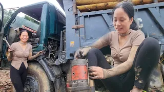 Genius girl. Dangerous road The girl went alone to repair the starter motor for a logging truck.