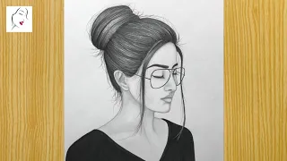 a cute girl face for beginners || "How to draw a New girl with glasses step by step" | Face Drawing
