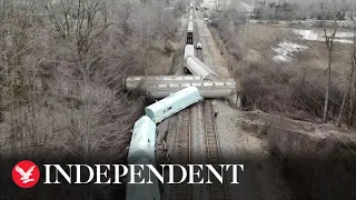 Train carrying hazardous materials scattered over tracks in Detroit captured on drone footage