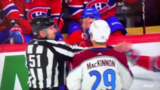Nathan MacKinnon goes after Kaiden Guhle after receiving tripping penalty
