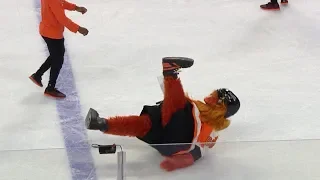 Flyers new mascot "Gritty" takes a spill on his first night