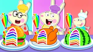Me vs Grandma Cooking Challenge #2 - Peppa Pig's Food Hacks with Rainbow Colors ペッパピッグの虹色のフードハック