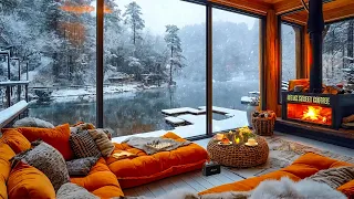 Cozy Lakeside porch ambience ☕Snowfall With Smooth Jazz Music & Fireplace Sounds to Relax, Study☃