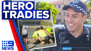 Nearby tradies leap into action performing a citizen's arrest following car crash | 9 News Australia