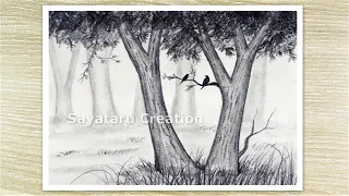 How to draw easy forest Landscape step by step, Pencil drawing for beginners