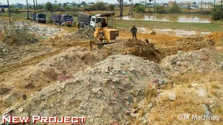 Just Opening New Filling Land Project !! Power Stroger Bulldozer Spreading Stone Into Water & Trucks