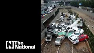 Drone footage shows huge pile-up after China flooding