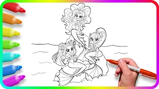 Coloring Pages EQUESTRIA GIRLS - Dazzling Mermaids. How to color My Little Pony. Drawing Tutorial