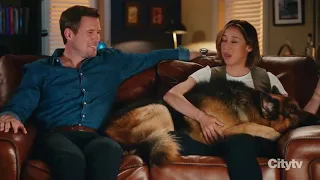 Charlie, Sarah and Rex having a cozy couch time