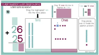 Double Digit Addition with Regrouping Using Base Ten Blocks- Sums up to 100