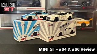 Mini GT - LB Works Nissan GT-R White #64 MGT00064 & Nissan GT-R Cosmics Malaysia #66 MGT00066