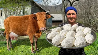 Grandma Milking a Cow and Cooking a Delicious Dinner! Village Life Merged with Nature