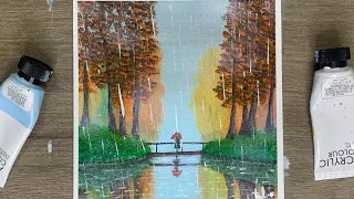 Girl Walking Alone in The Rain / Red Umbrella / Acrylic Painting for Beginners