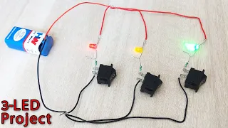 How to connect 3 LED with 3 Switch and 9v Battery - Traffic light project tutorial