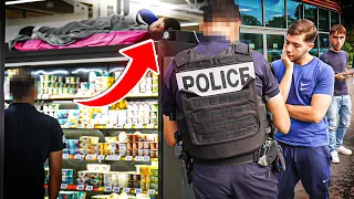 DORMIR SUR LE FRIGO D'UN MAGASIN (la police m'arrête !)