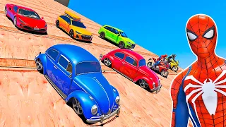 NOVO DESAFIO CARROS FUSCA COM HOMEM ARANHA e SUPER HERÓIS! QUEM CONSEGUE SALTAR A MEGA RAMPA? GTA V