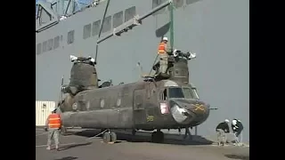 M1A1 Abrams Tank & CH47 Chinook Helicopter Are Loaded onto a Ship in Kuwait