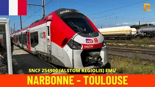 Cab Ride Narbonne - Toulouse (Bordeaux–Sète Railway, France) train driver's view in 4K
