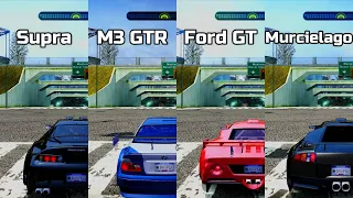 NFS Most Wanted: Toyota Supra vs BMW M3 GTR vs Ford GT vs Lamborghini Murcielago - Drag Race