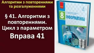 Вправа 41. Алгоритми з повтореннями. Цикл із параметром | 8 клас | Бондаренко