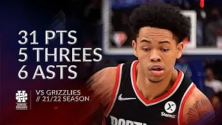 Anfernee Simons 31 pts 5 threes 6 asts vs Grizzlies 21/22 season