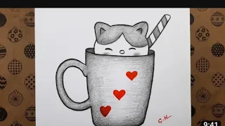 Pencil Drawing Easy Ideas, Cute Cat and Mug Drawing