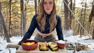 Crispy Pineapple Fish cooked on campfire in Snow solo in the woods. ASMR cooking no talking. Yummy